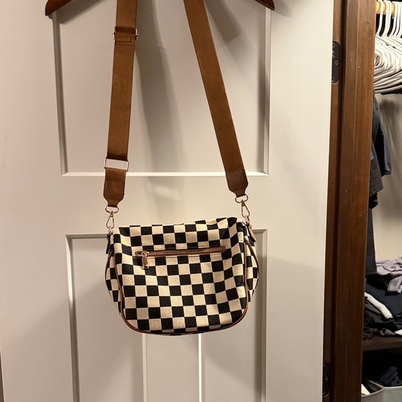 Checkered Brown and Cream Women's Crossbody Bag - Picture 4 of 5